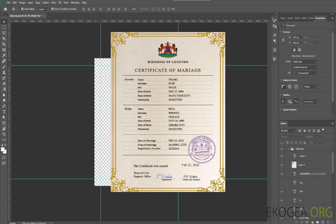 Modèle PSD de certificat de mariage du Lesotho template